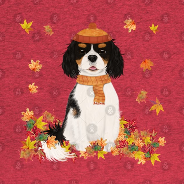 Tri Cavalier in Fall Leave, Tri Colored Cavalier King Charles Spaniel by Cavalier Gifts